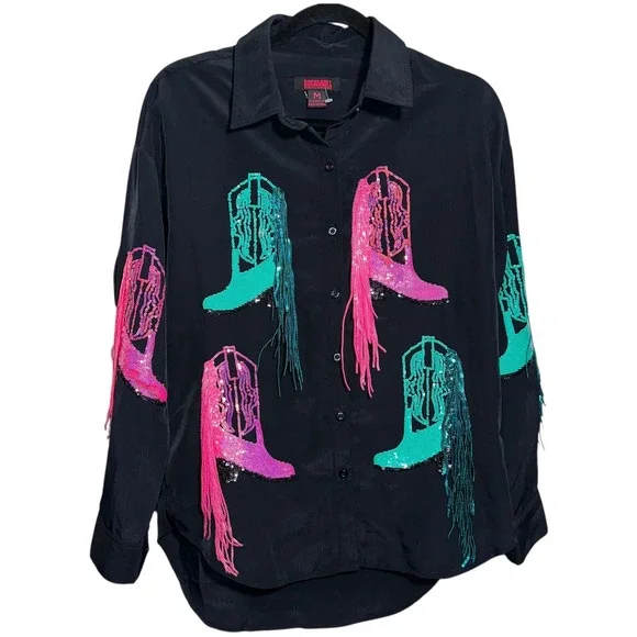 Rock & Roll Denim Western Shirt Sequin Fringe Boots Black Womens M - Picture 1 of 5